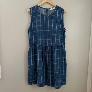 LA Relaxed Women's‎ Blue White Windowpane Sleeveless Tiered Dress with Pockets L